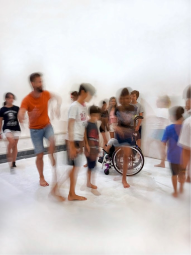 gruppo di persone con persona su sedia a rotelle